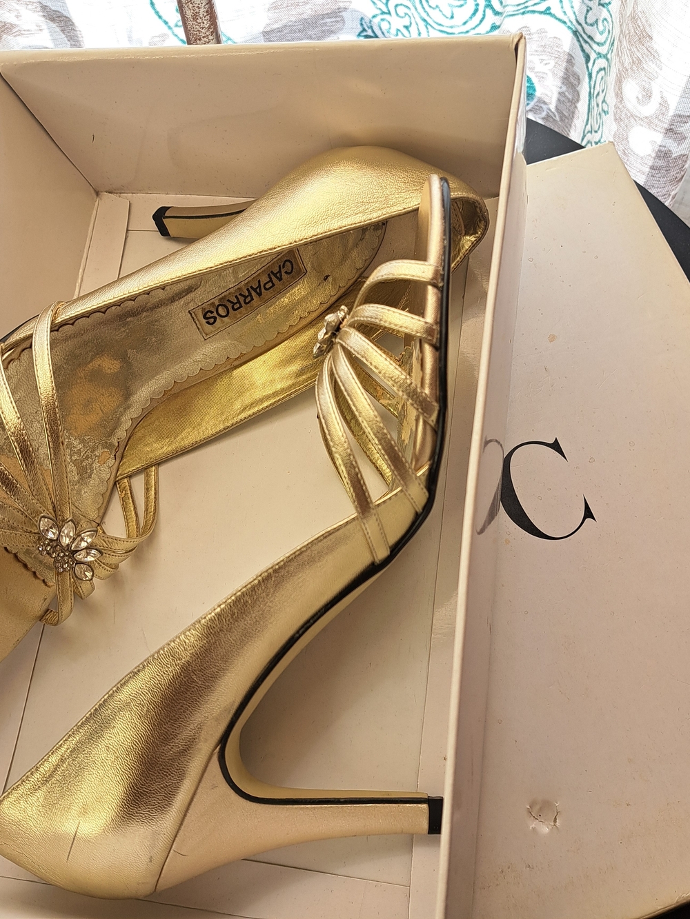 Caparros Gold Strappy Heel with Rhinestone Accent